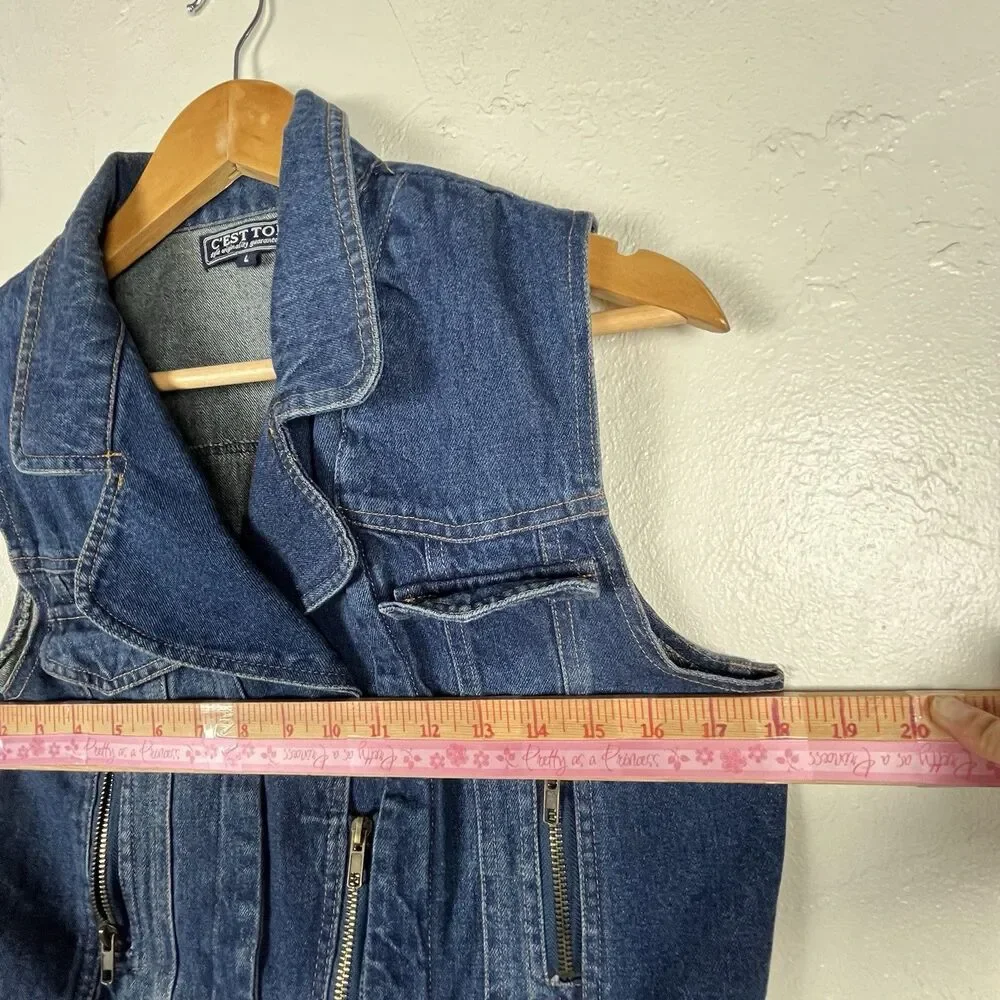 Vintage C’est Toi Denim Moto Vest Women’s Large Blue Zip Front Sleeveless Jean - Picture 7 of 12